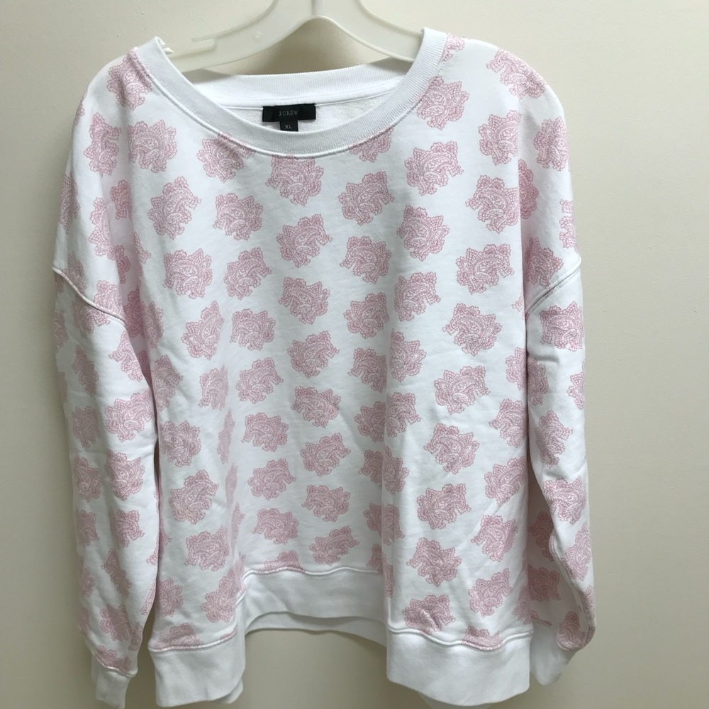 J Crew University Terry White Sweatshirt with Pink Paisley Design, Size XL